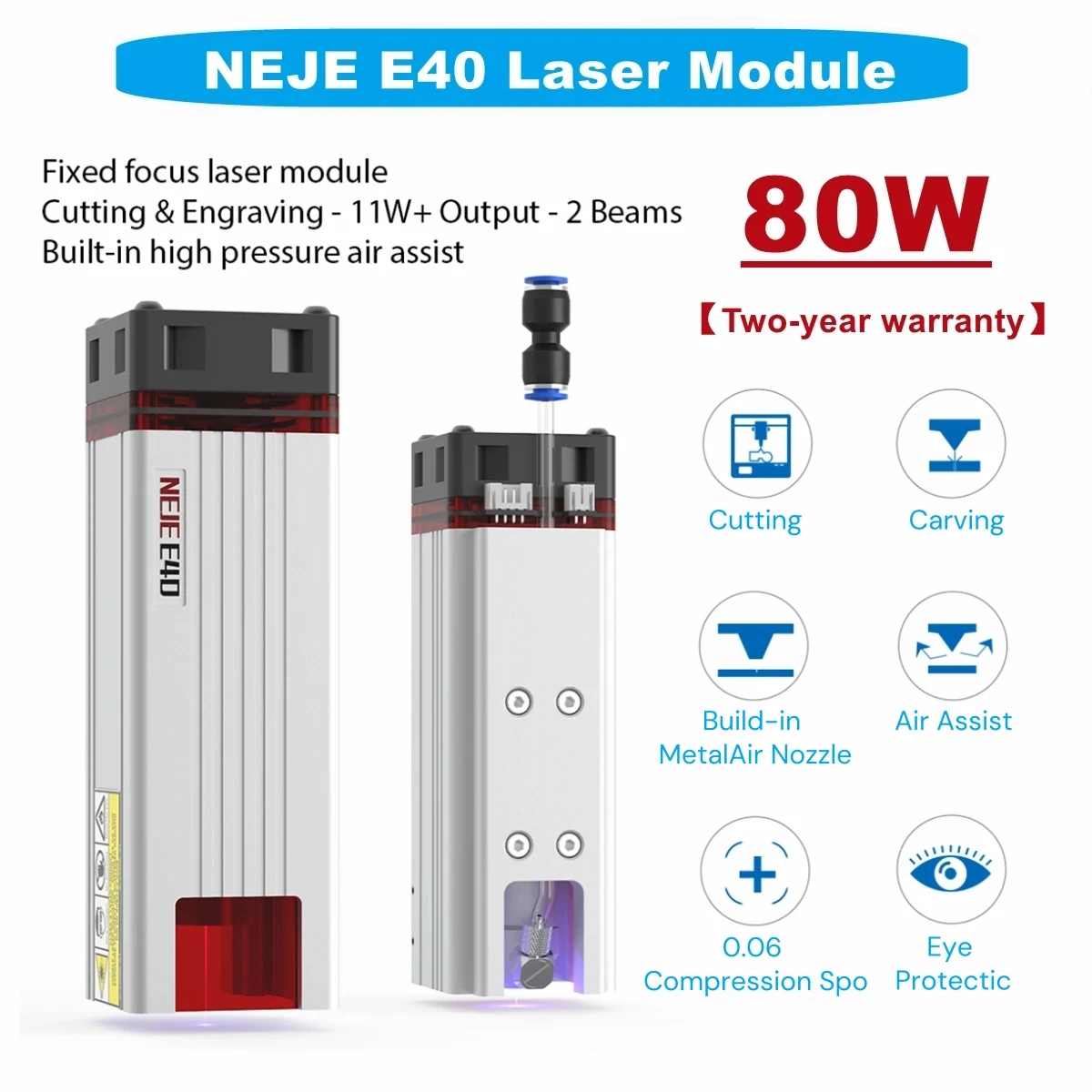 NEJE E40 Fixed-Focus Dual Beam Diodes 80W Laser Module for Metal Engraving and Professional Wood Cutting Tools