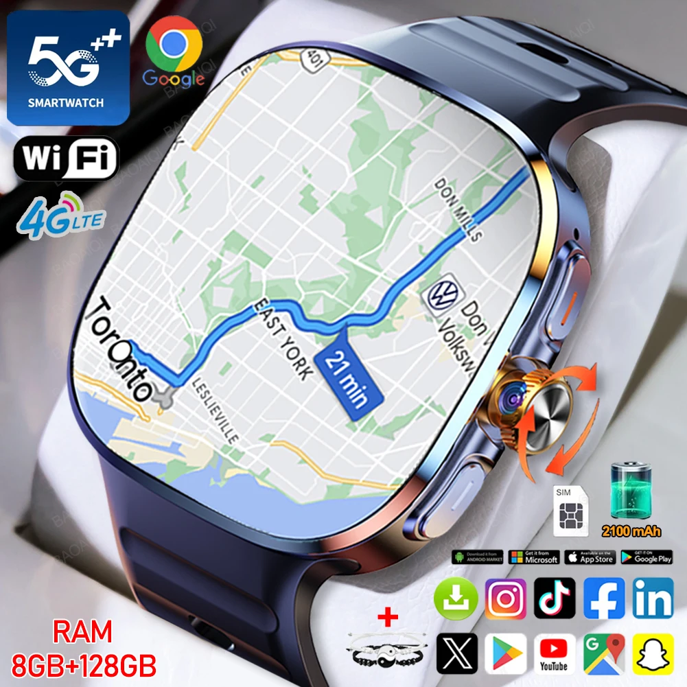5G/4G Smart Watch 2.40 inch 720*720 AMOLED HD 900W Camera 8GB+128GB RAM 2100mAh Clock GPS WIFI Google APP Smartwatch Android 9.0