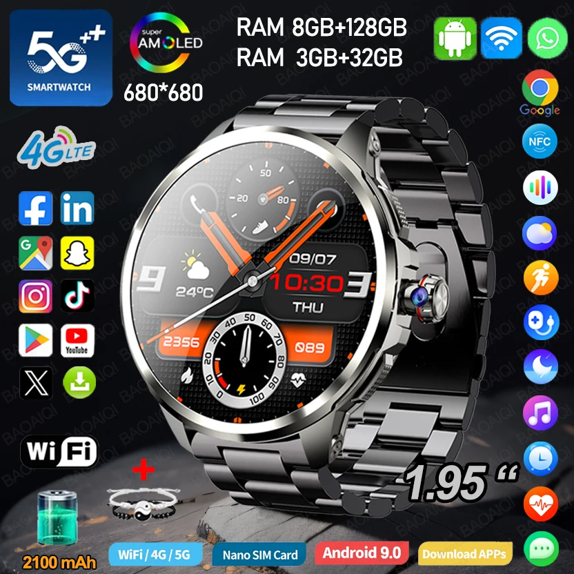 5G/4G Full Network SIM Smart Watch Men 680*680 AMOLED 1.95 inch Screen 900W Camera 8GB+128GB RAM GPS WIFI Google Play Smartwatch