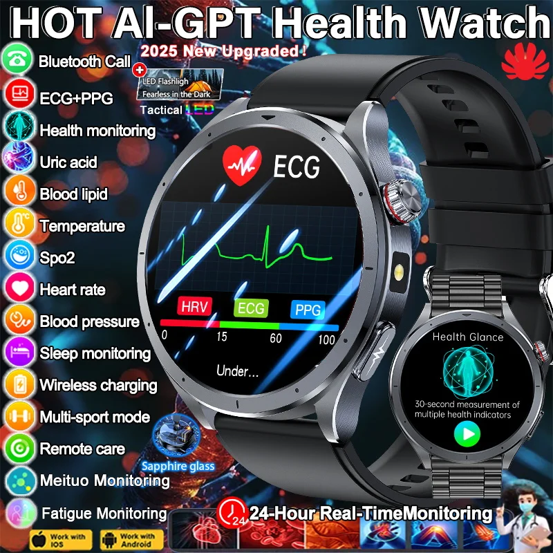 2025New Micro Physical Examination Blood Lipids Uric Acid Blood Pressure Smart Watch Men ECG+PPG Clock Bluetooth Call Smartwatch