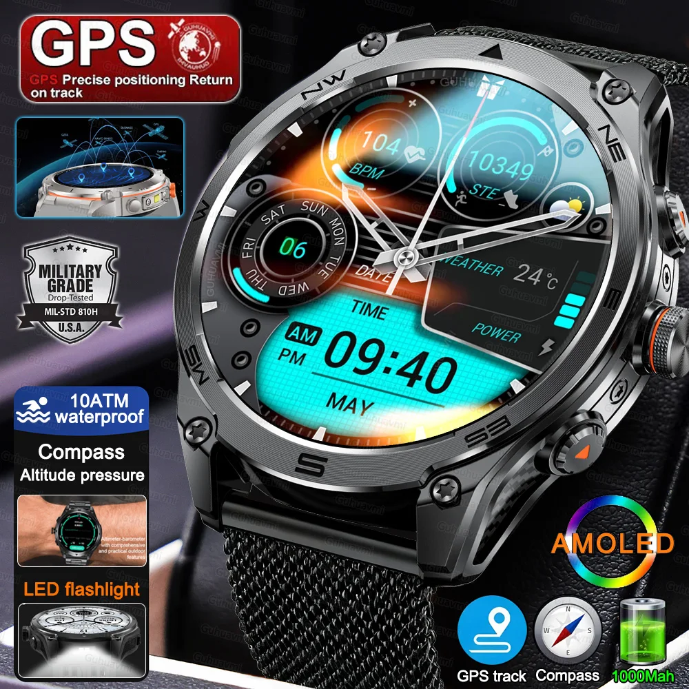 2025 New Military Smart Watch For Men 1000Mah Battery GPS Compass 10ATM Waterproof Tactics Sport Flashlight BT call Smart Watch