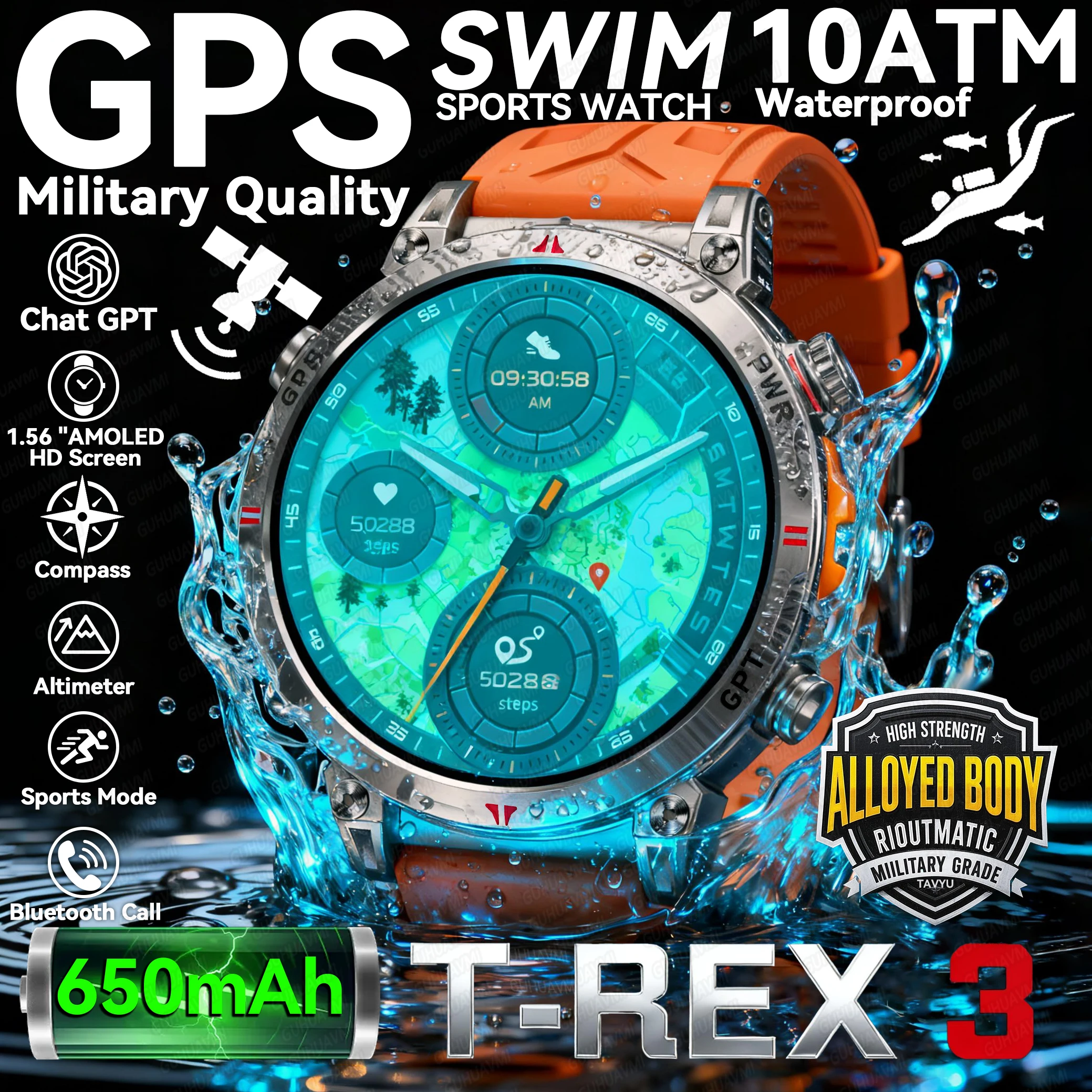 New T-Rex3 Ultra Military Smart Watch Men 10ATM Waterproof Outdoor Sport Fitness Tracker Health Monitor Bluetooth Call Smart Wat