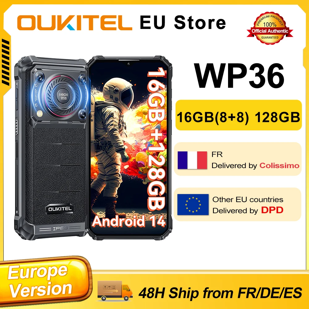 OUKITEL WP36 Android 13 Rugged Phone 16GB(8+8) RAM 128GB ROM 10600mAh 128dB Loud Speaker 6.52” HD+ Display 13MP NFC Smartphone