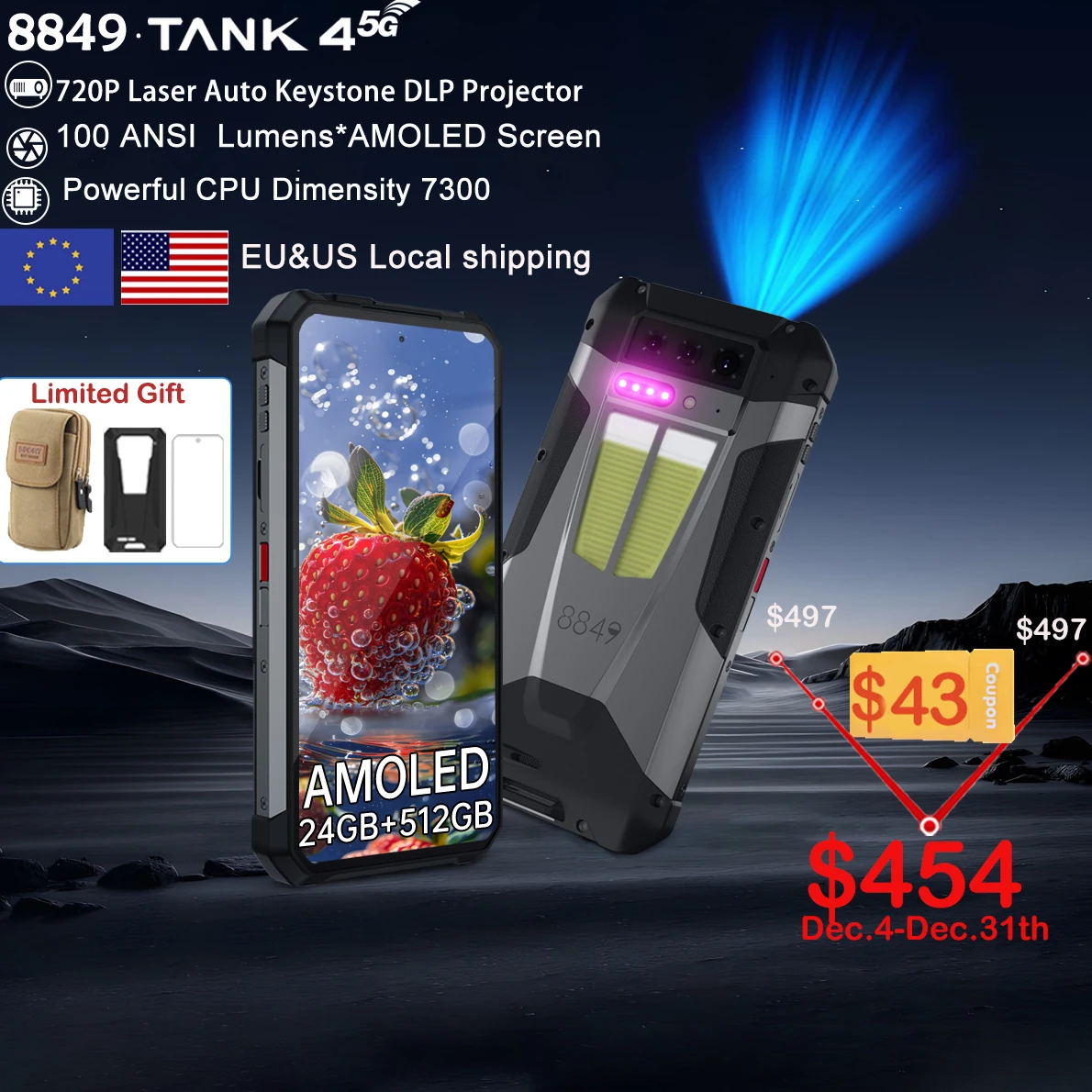 8849 Tank 4 Unihertz 5G Rugged Smartphone Projector 720P 100 Lumen 6.78” AMOLED 512G Android14 11600mAh Dimensity 7300 120Hz