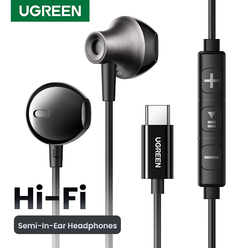 UGREEN Semi-open 3.5mm USB Type C Wired Earbuds with Microphone, Wired Earphones Headphones HiFi Stereo,For Most with 3.5mm Jack