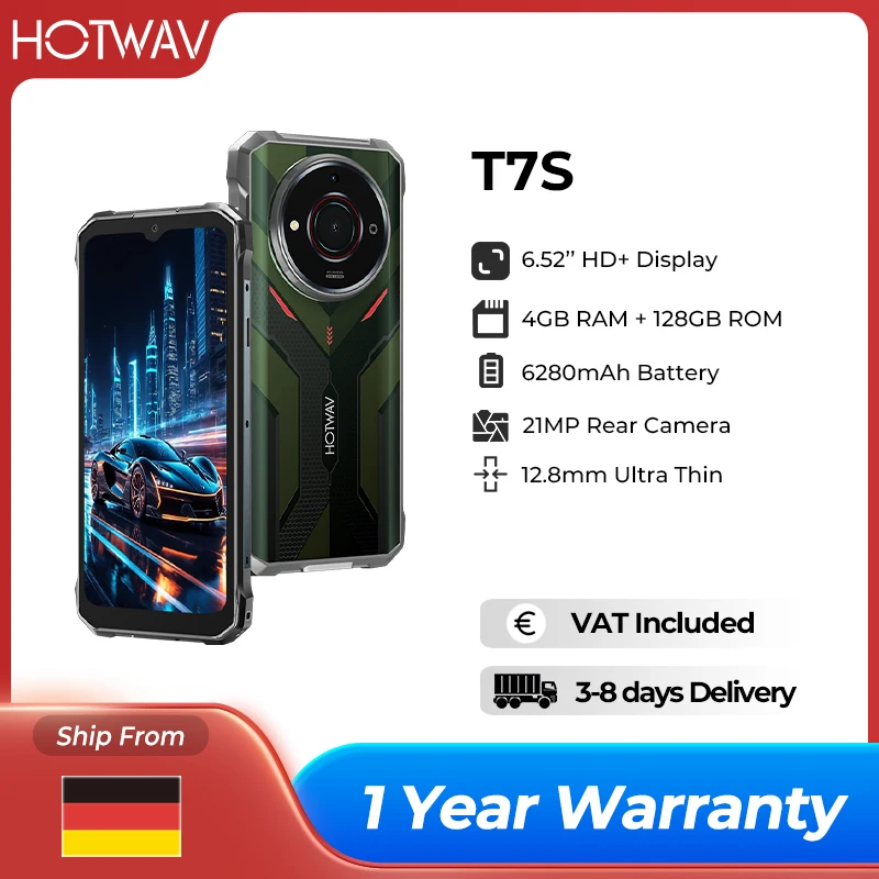 HOTWAV T7S Rugged Smartphone Ultra Thin 6280mAh Battery Mobile Phone 6.52” HD+ 4GB RAM 128GB ROM 21MP Android 13 Cellphone