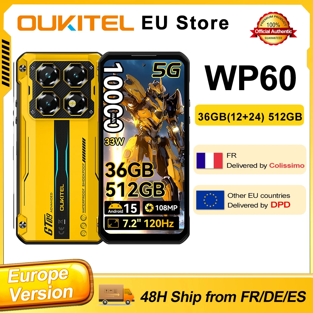 OUKITEL WP60 7.2” HD+ 120Hz Display Smartphone 36GB(12+24) RAM 512GB ROM MTK 7025 5G 10000mAh Rugged Phone 108MP Android 15 NFC