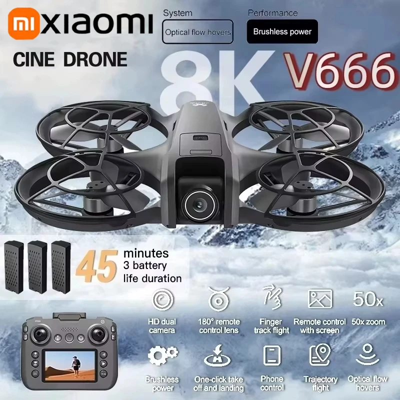 Xiaomi V666 Mini RC Aerial Drone 8KHD Camera Foldable Intelligent Obstacle Avoidance Screen Remote Control Brushless Motor UAV