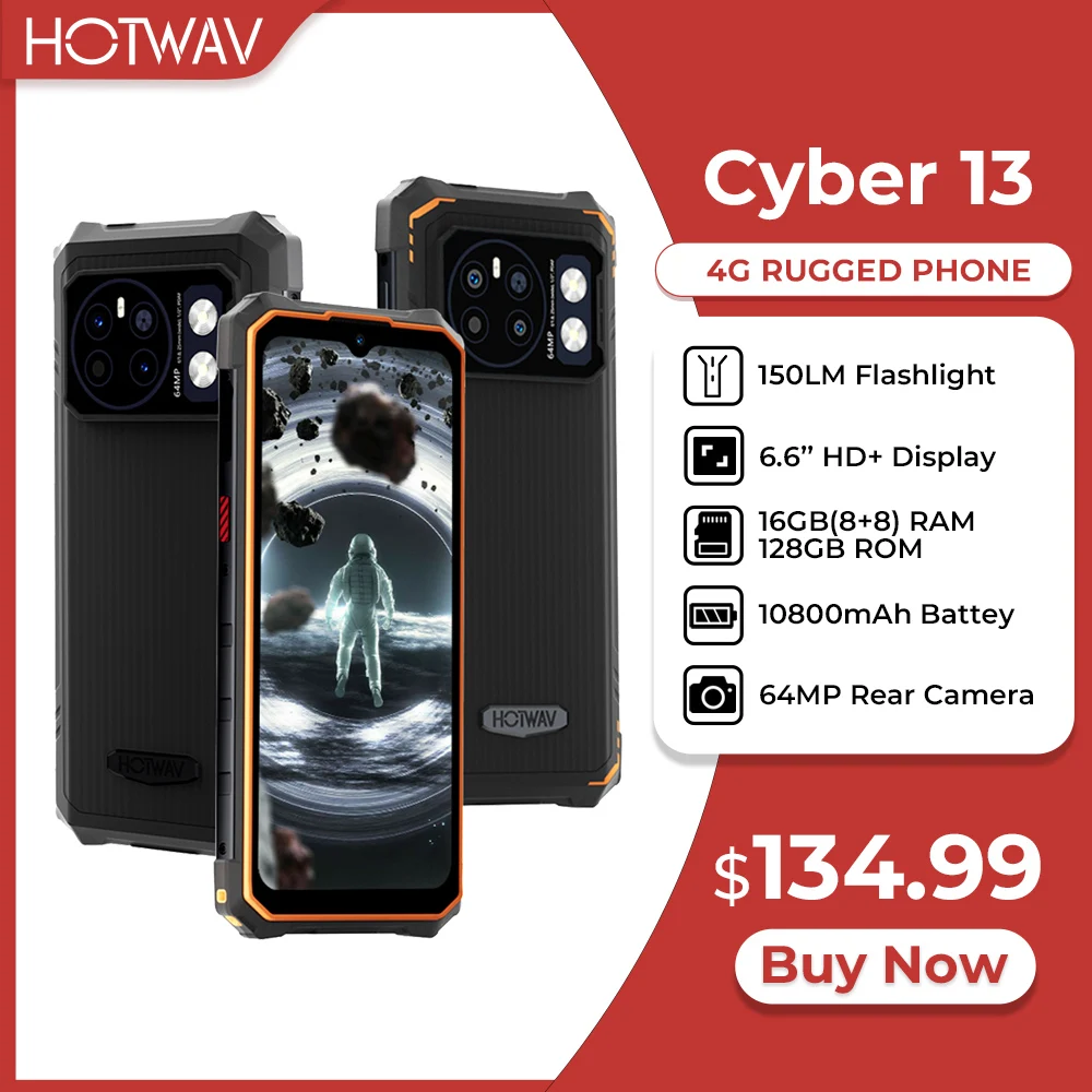 HOTWAV Cyber 13 Rugged Phone 10800mAh Massive Battery 8GB 128GB Smartphone 150LM Flashlight 6.6” HD+ 64MP Android 14 Cellphone
