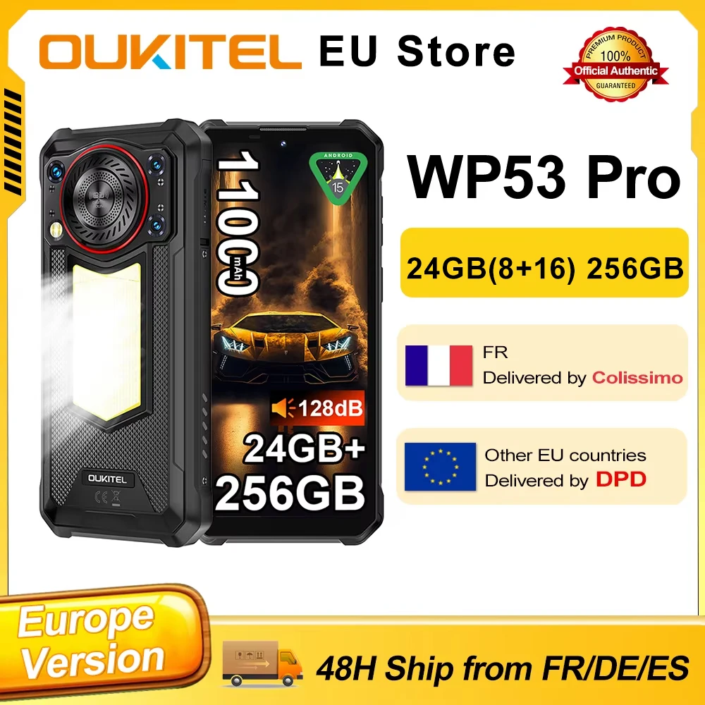 OUKITEL WP53 PRO Android 15 Rugged Smartphone 24GB(8+16) 256GB 11000mAh 50MP Camping Light loudspeaker 6.52