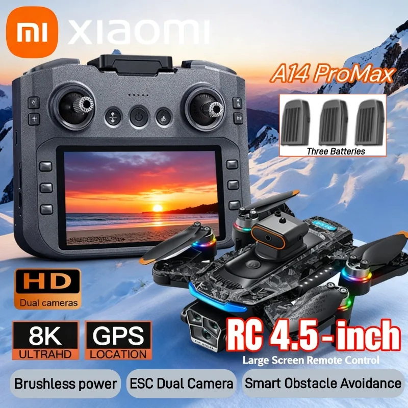 Xiaomi A14Pro Max Drone 8K HD GPS Brushless Multiple Batteries Three Camera Optical Flow Obstacle Avoidance Foldable Quadcopter