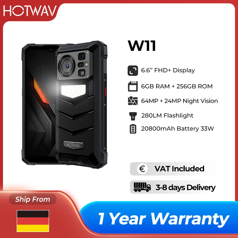 HOTWAV W11 Rugged Smartphone 280LM Flashlight 20800mAh 33W 6.6” FHD+ 64MP Rear 24MP Night Vision 12(6+6)GB 256GB Mobile Phone