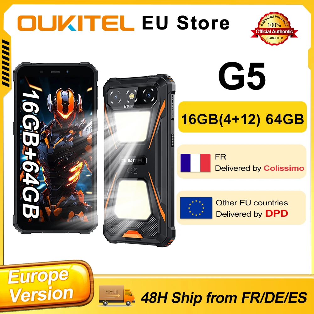 Oukitel G5 Android 14 Dual Camping Lights 4G Rugged Smartphone 4GB +12GB Expansion RAM 64GB ROM 6300mAh 13MP 6.0” HD Cellphone