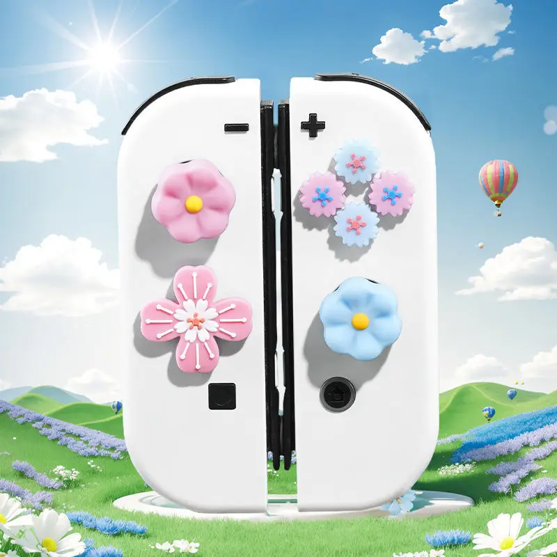 Pink Blue Flower Silicone Soft D-pad Cross Button ABXY Key Sticker Skin Case For Switch/Oled Joy-con Thumb Stick Grip Cap Cover