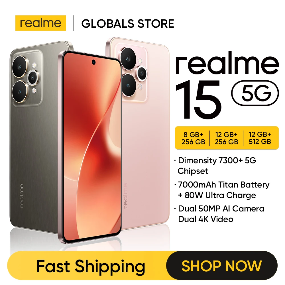 realme 15 5G Smartphone Dimensity 7300+ 5G Chipset 7000mAh Battery 80W Charge Dual 50MP AI Camera 6.77