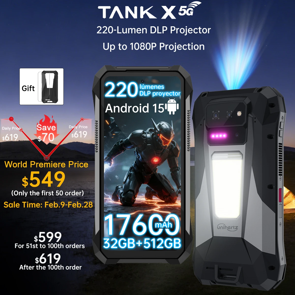 World premiere】Unihertz by 8849 TANK X Rugged Phone 5G Android 15 Built-in 1080P 220 lumen Projection 17600mah Battery 32+512GB
