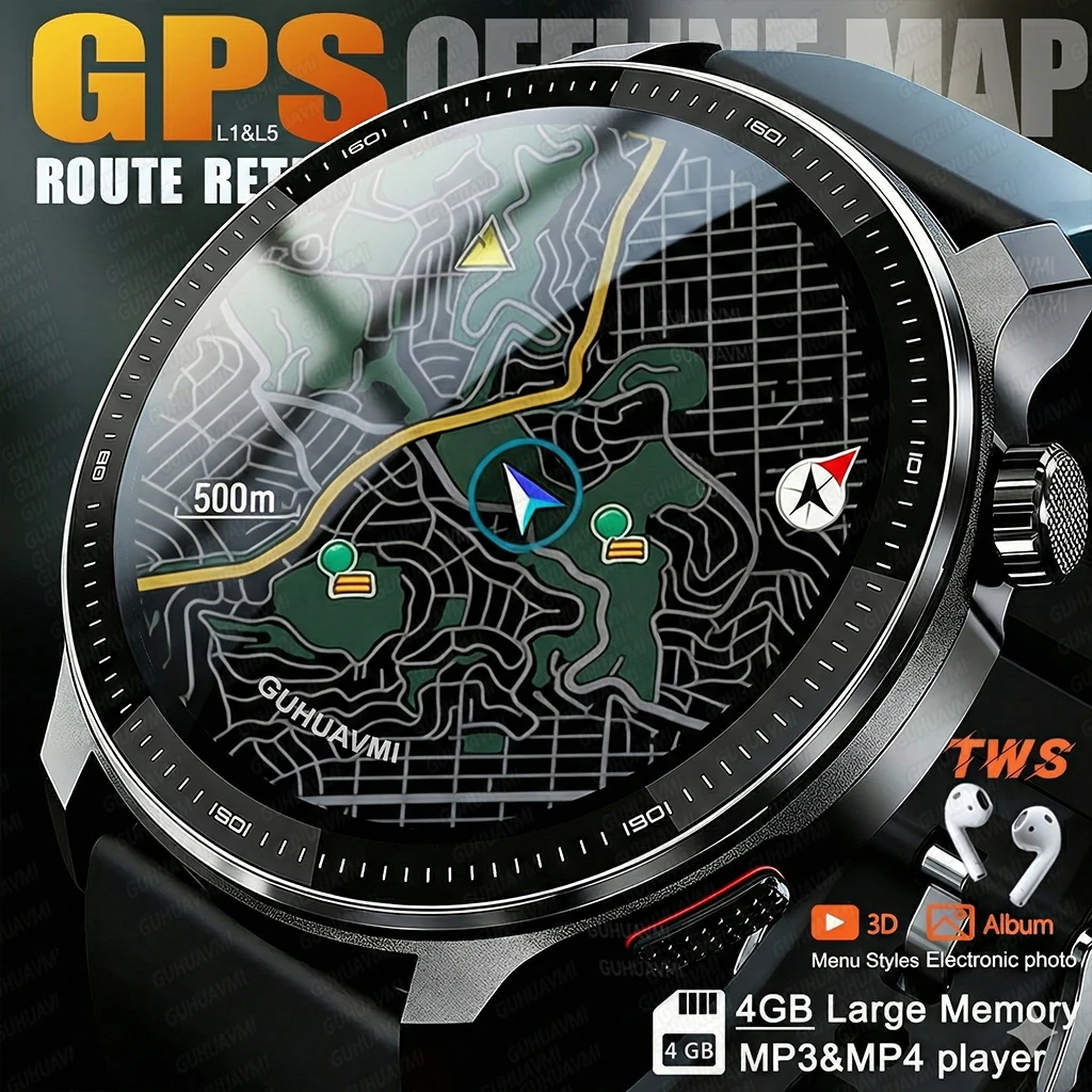 2026 Military GPS Offline Map Smart Watch 4GB Memory 3D Menu Styles TWS MP3&MP4 Player Waterproof Voice Call Sports Bracelet Men