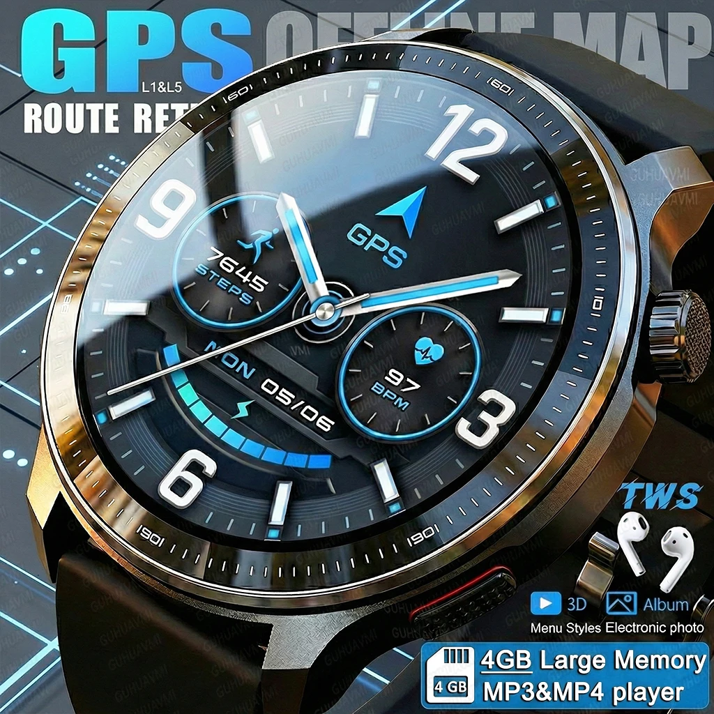 New GPS Offline Maps Smart Watch Men Memory 3D Menu Styles TWS MP3&MP4 Player 1.43