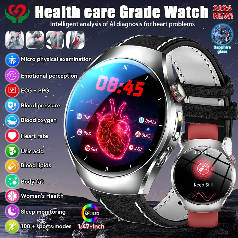 GUHUAVMI 2026Upgrade AI Diagnosis Care Smart Watch 1.47-Inch AMOLED ECG+PPG Blood Pressure Blood Lipid Smartwatchs For Men Women