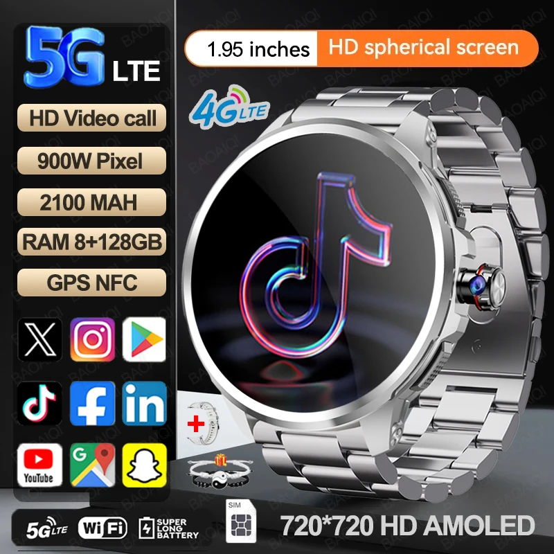 5G/4G Full Network Smart Watch Men 1.95 inch AMOLED Screen 8GB+128GB RAM 900W Camera GPS WIFI Google APPS Android 9.0 Smartwatch