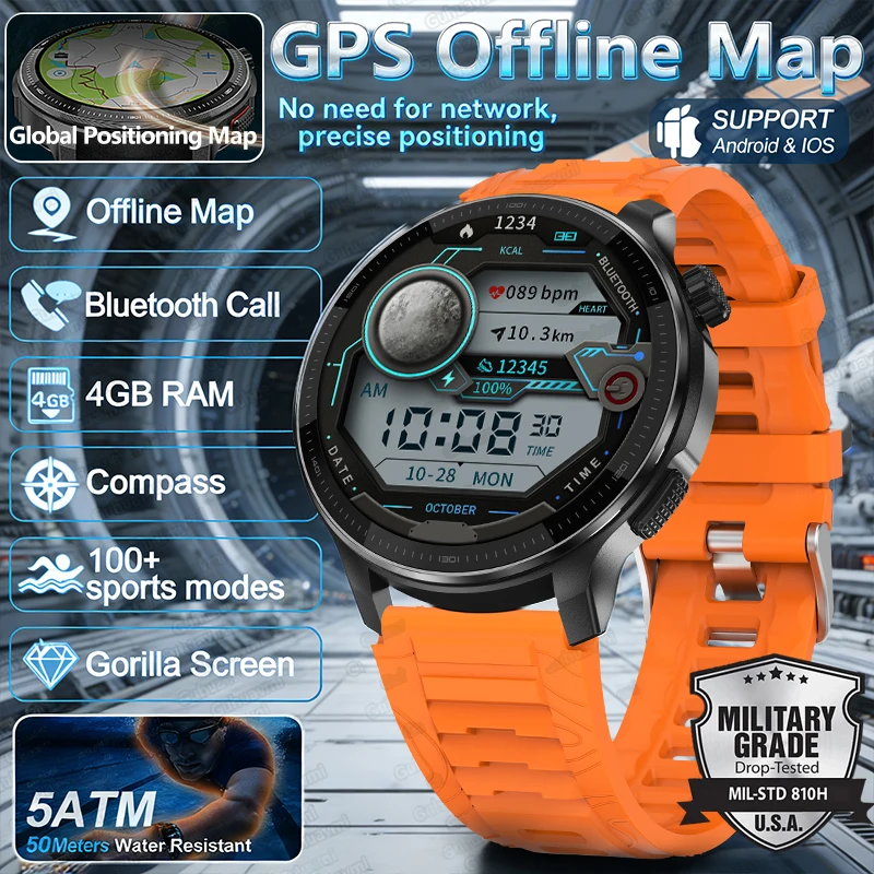 T-Rex 3 Global Offline Map Military SmartWatch Man 5ATM Waterproof Outdoor Sport Fitness Tracker Compass 4GB RAM Bluetooth Call