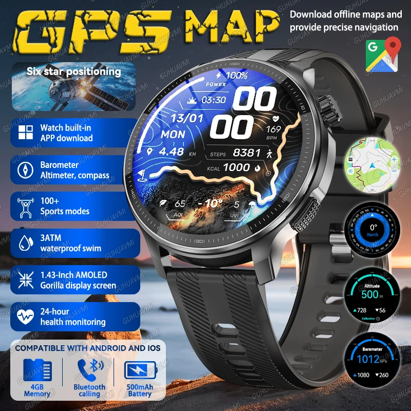 2026New Offline Map Smart Watch Built in GPS Precise Positioning 4GB Memory Compass Swim BT Call Military Sports Smartwatchs Men