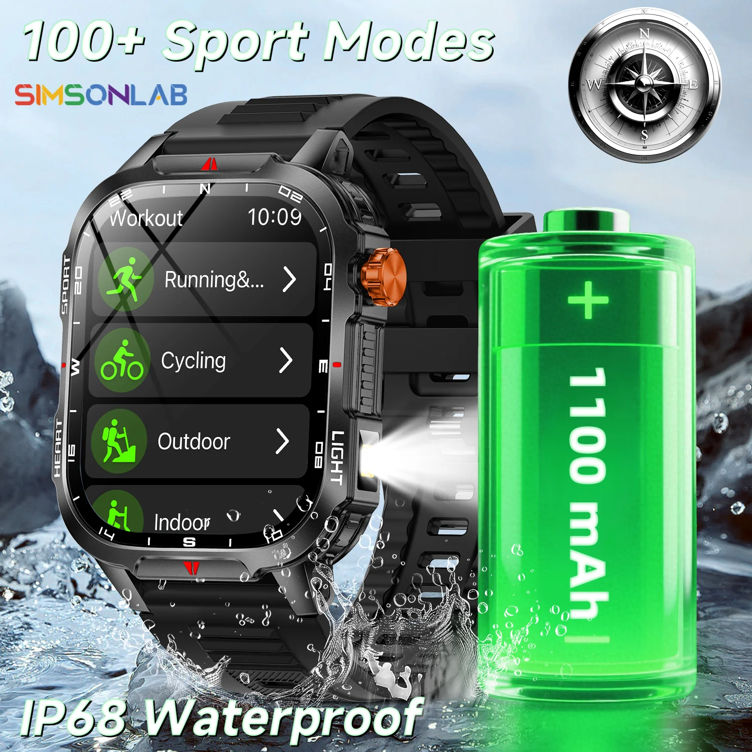 2025 Global Hiking Smartwatch 2.01”Screen 1100mAh Battery LED Light Compass IP68 Voice Assistant Outdoor Sport  Fitness Watch