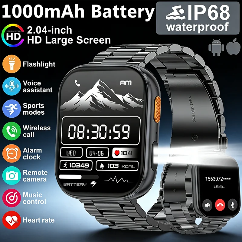2026New Military Outdoor Smartwatch 2.04 inch Touch screen 3ATM Waterproof Bluetooth call Heart rate Smart Watch 1000Mah Battery