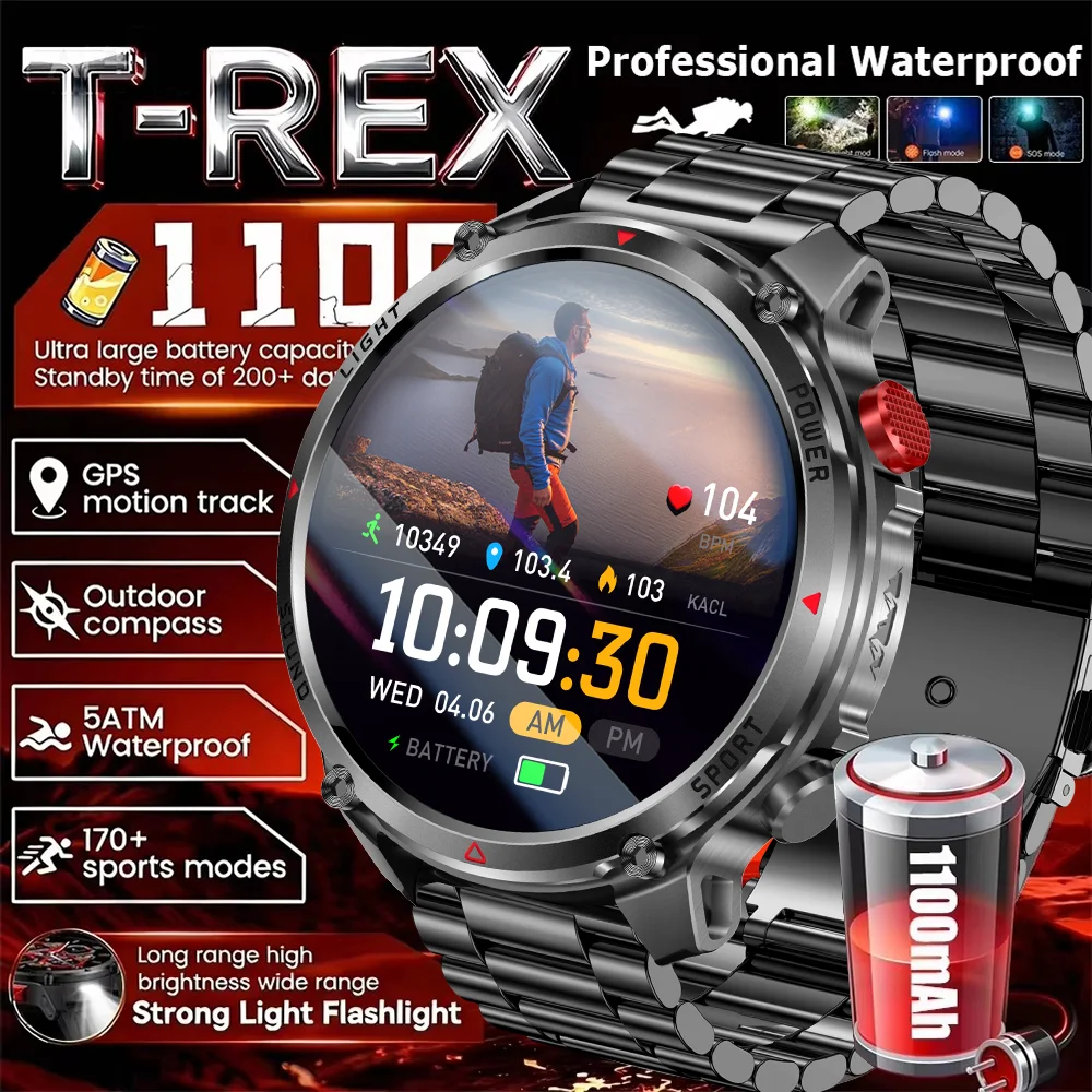 2026 Edition Military Outdoor Sports Smartwatch 1.7-inch AMOLED screen 1100 mAh battery LED flashlight Bluetooth call Waterproof