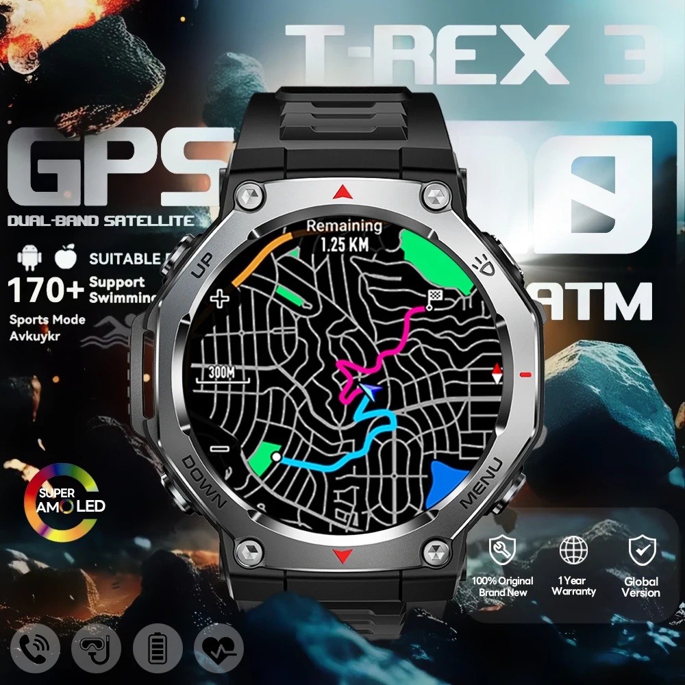 2026 New T-Rex 3 Military Outdoor Smart Watch Men 1.43-inch AMOLED Display 10ATM Waterproof 525mAh Battery GPS Smartwatch Man