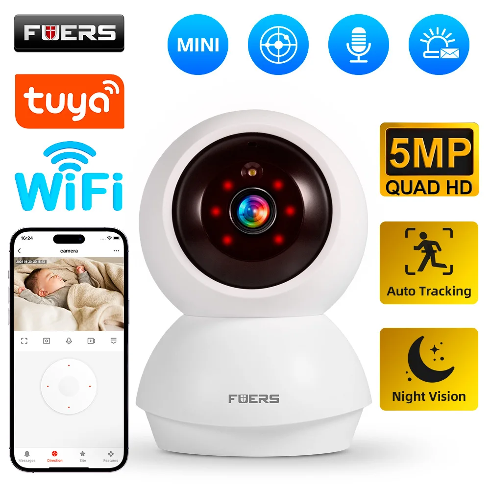 Fuers 5MP WiFi Camera Tuya Smart Home Indoor Wireless IP Surveillance Camera AI Detect Automatic Tracking Security Baby Monitor