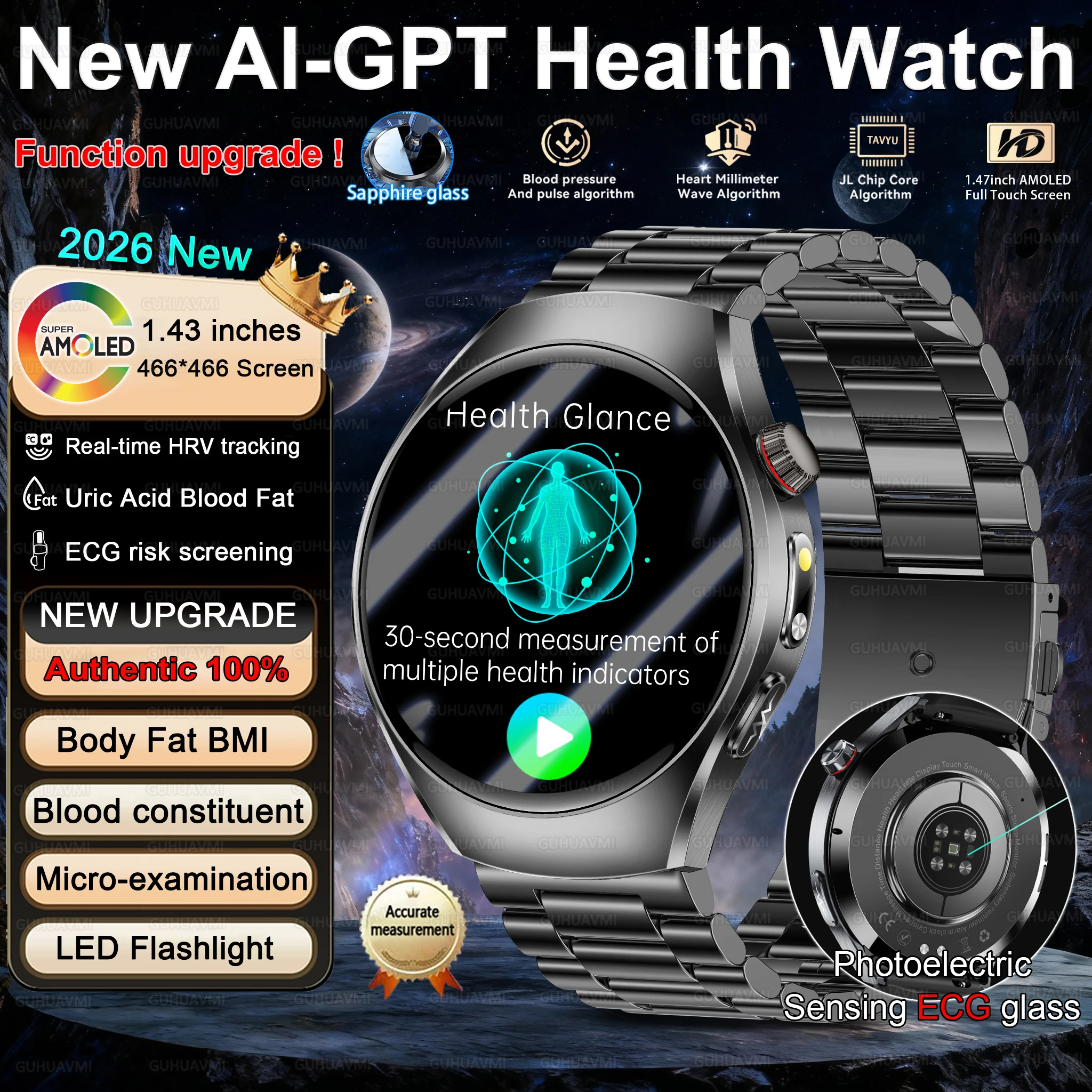 2026 New Health Watch Uric Acid Blood Pressure Blood oxygen Body Analysis Body Fat SmartWatch ECG+PPG Bluetooth call Women Men