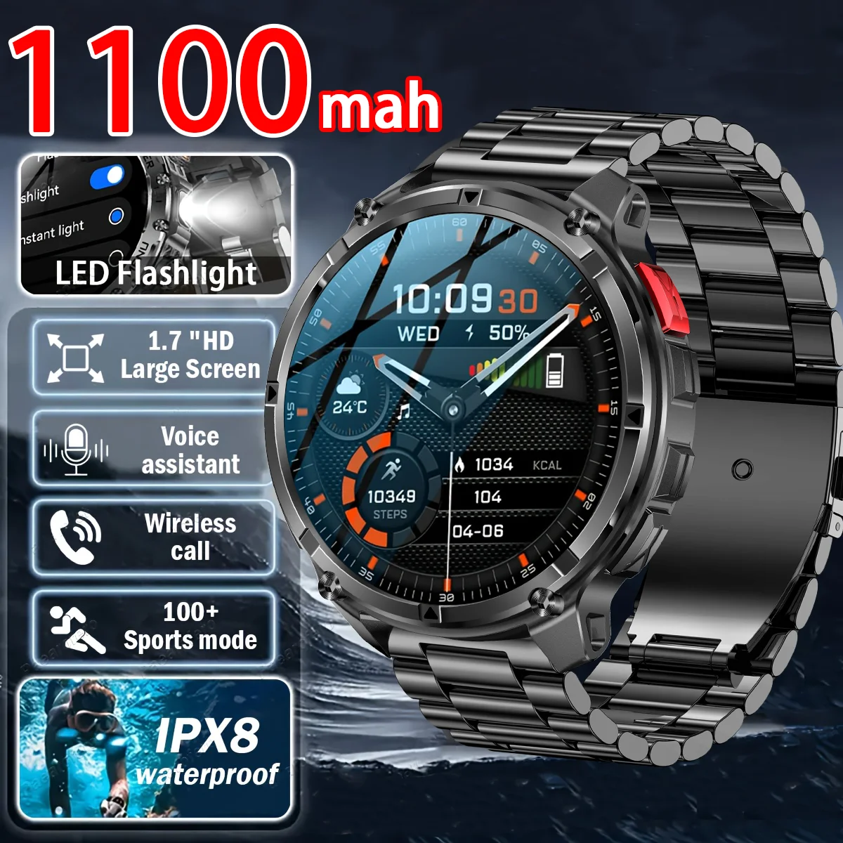 New Model Is Suitable For Huawei’s 1100 Mah AMOLED Screen Men’s Sports LED Flashlight, 3ATM Waterproof BT Call Smartwatch Man
