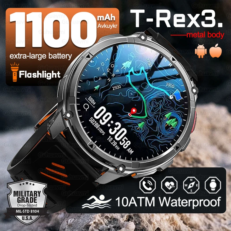 New 1100mAh Large Battery Military Outdoor Smartwatch Men GPS Track Compass 10ATM Waterproof Bluetooth Call T-Rex 3 Smart Watch