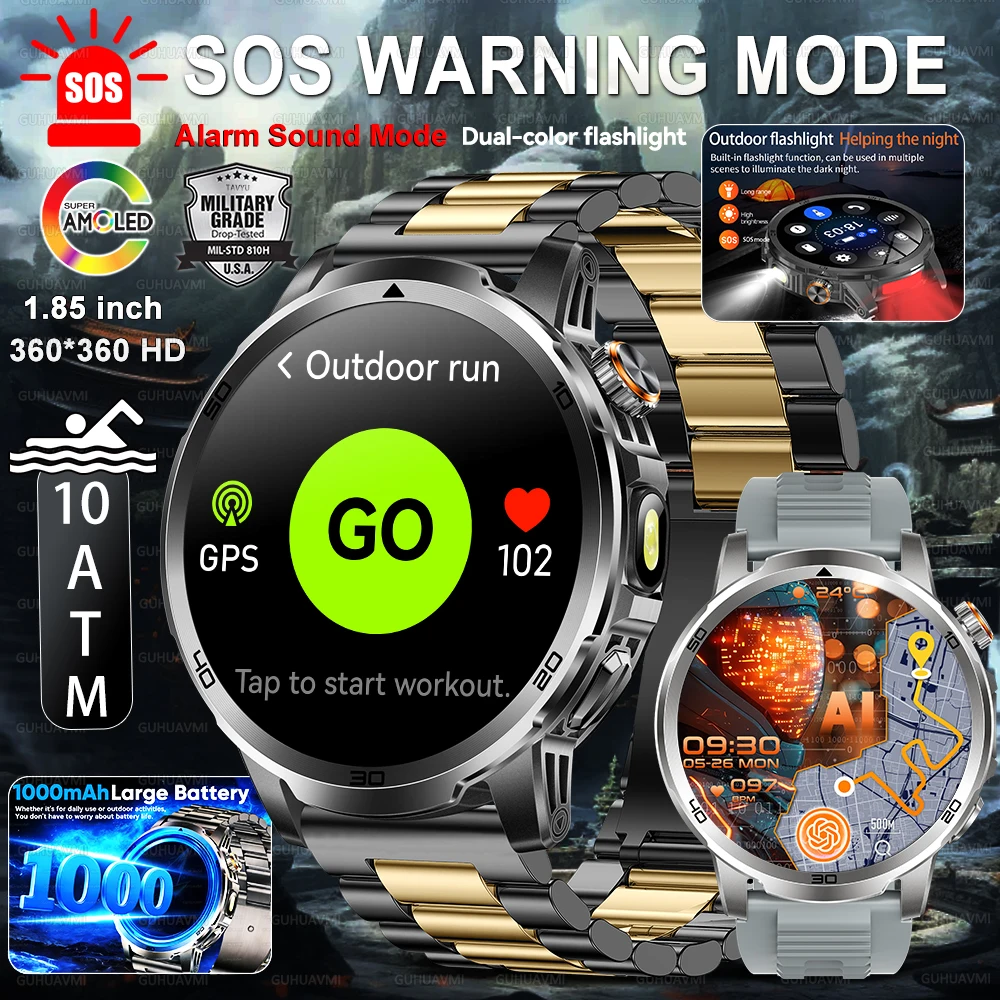 2026 New SOS Warning Mode Men SmartWatch 1.85 inches AMOLED Screen 1000 large Batteries Heart rate 10ATM Waterproof Sports watch