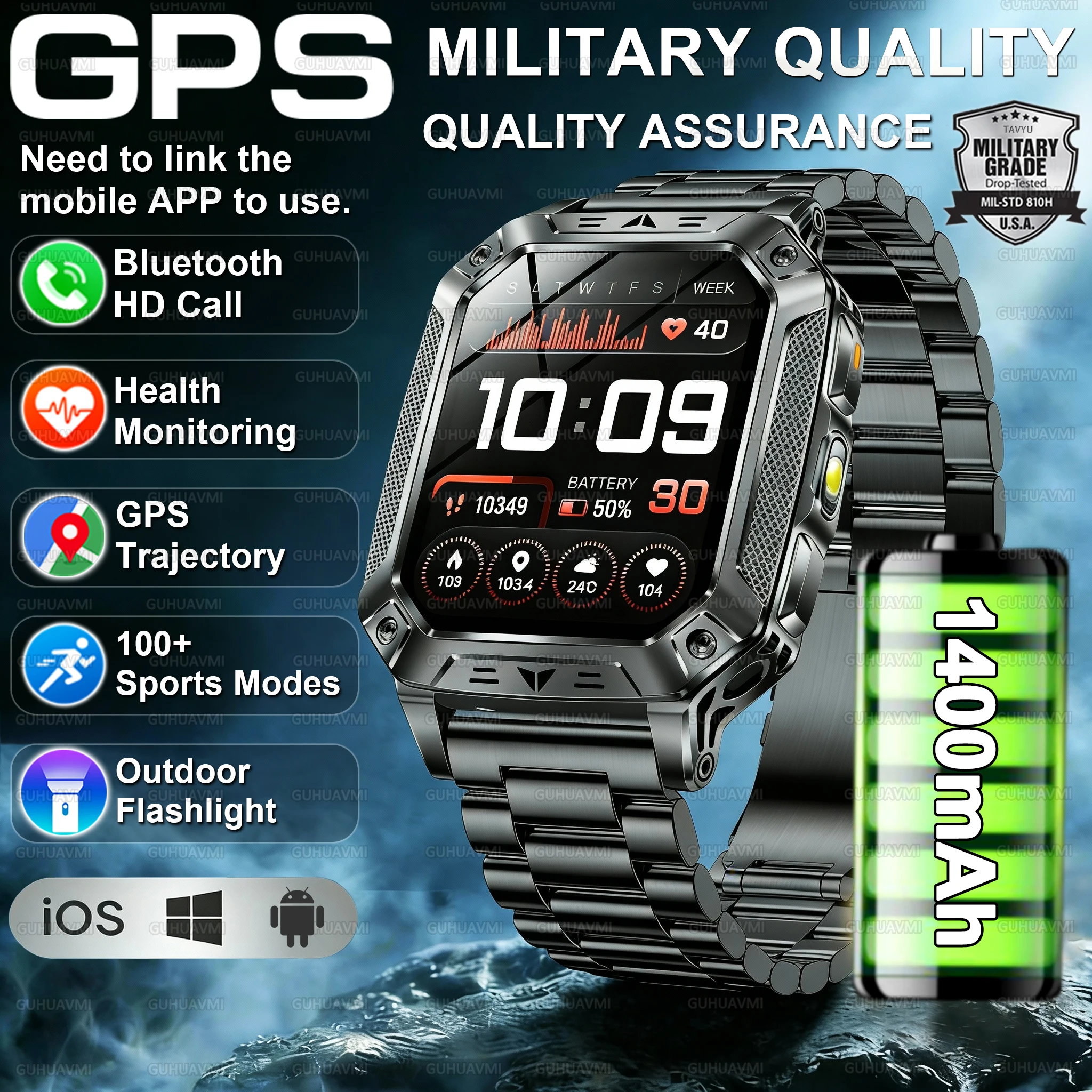 2026 Military outdoor SmartWatch Fitness Clock Men 2.01 inch AMOLED Screen 1400mAh Battery Flashlight Call Waterproof Smart Band