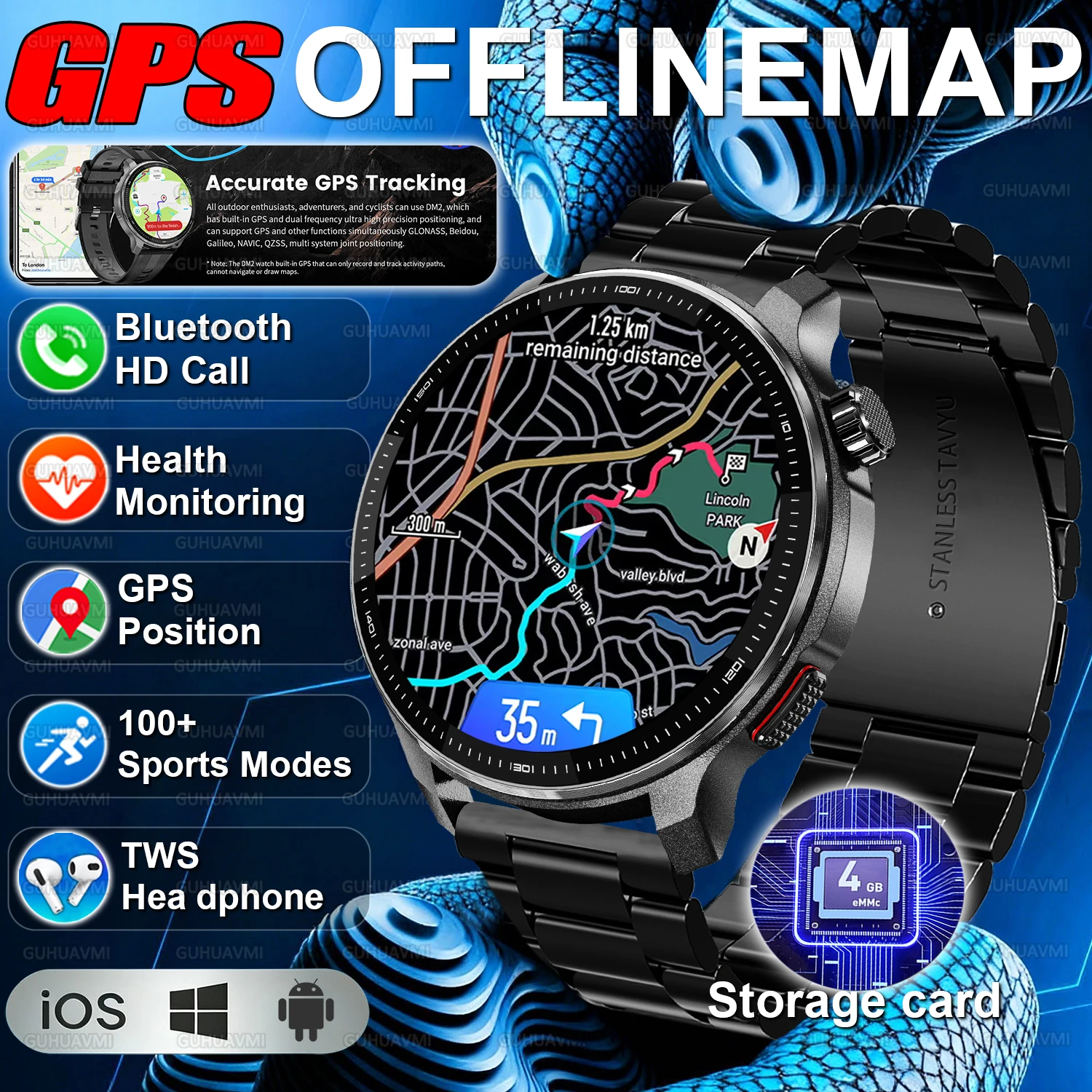 2026 New Fashion GPS Navigation 4GB Big Memory Men Smart Watch APP Download TWS 3D Menu HD Call Sports Smart Watch For Men Women