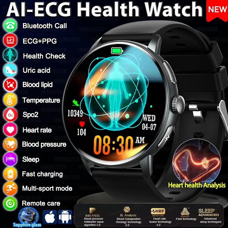 2025 New ECG+HRV High-end Health Watch Men Body analysis Blood pressure lipids blood oxygen Uric acid Health Tracker Smartwatchs