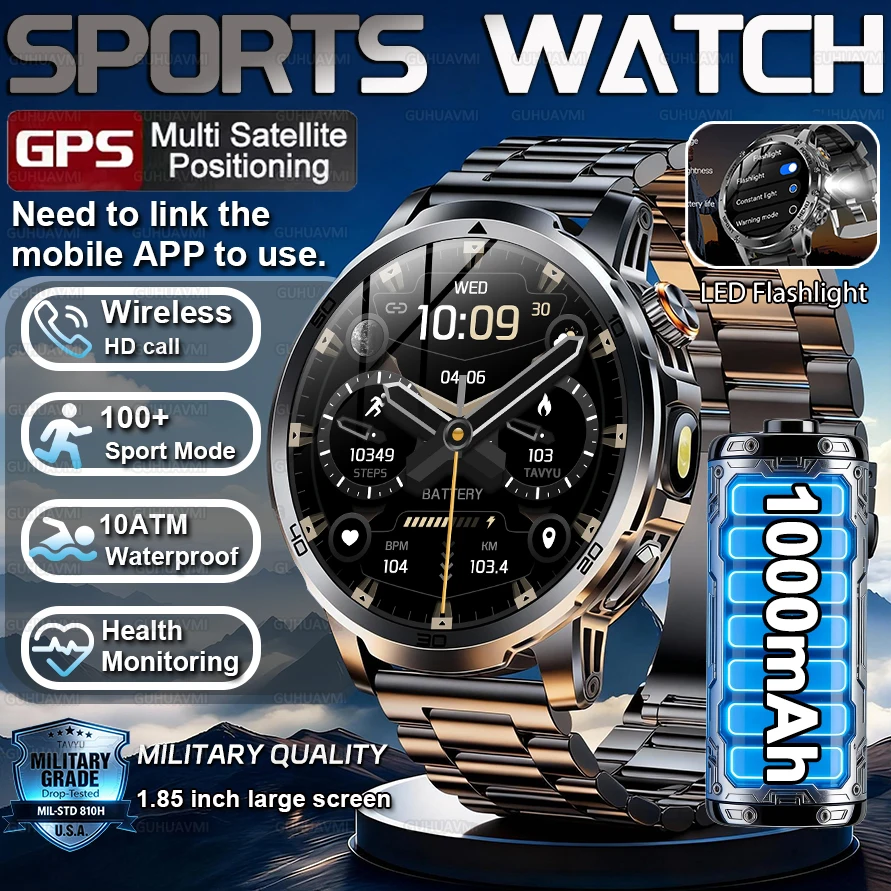 New 1000mAh Battery Smart Watch Men 10ATM Waterproof 1.85-inch AMOLED Screen HD Call Flashlight Sports Military Fitness Bracelet