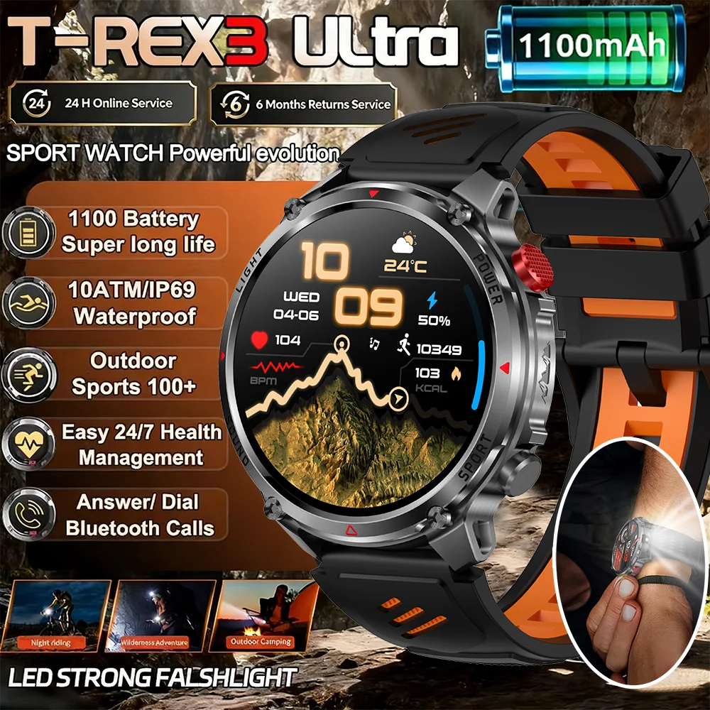 2026 New 1100 mAh battery men’s smartwatch 10ATM water-resistant 1.7-inch high-definition screen LED flashlight smartwatch