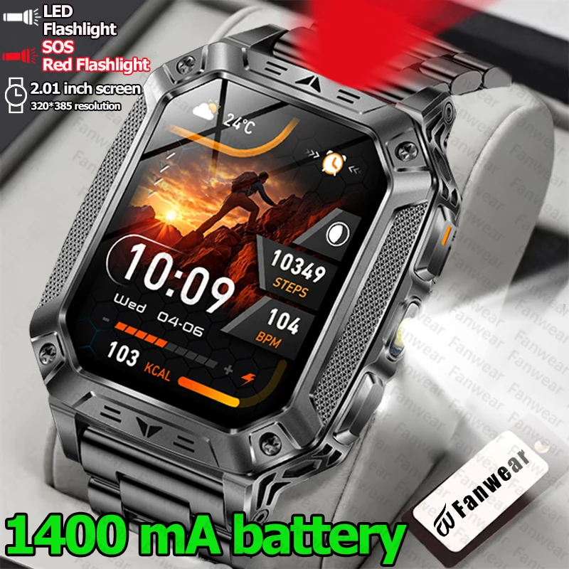 Robust military smart watch 1400Mah battery fitness tracking 10ATM waterproof tactical sports flashlight men’s phone watch