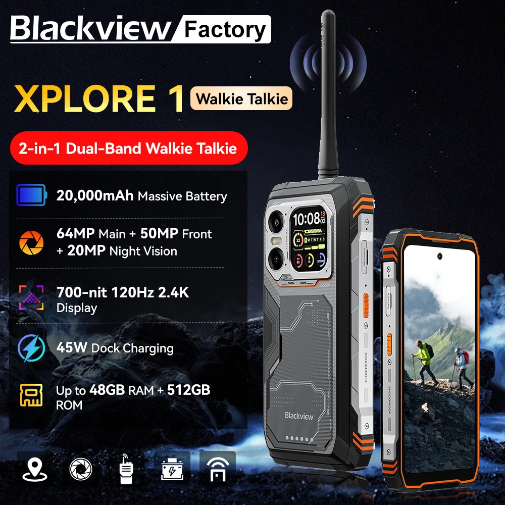 Blackview XPLORE 1 Walkie Talkie Rugged SmartPhone 5G 6.78” Display 120Hz 20000mAh 64MP Camera 16GB+512GB Android 15 Call Phone