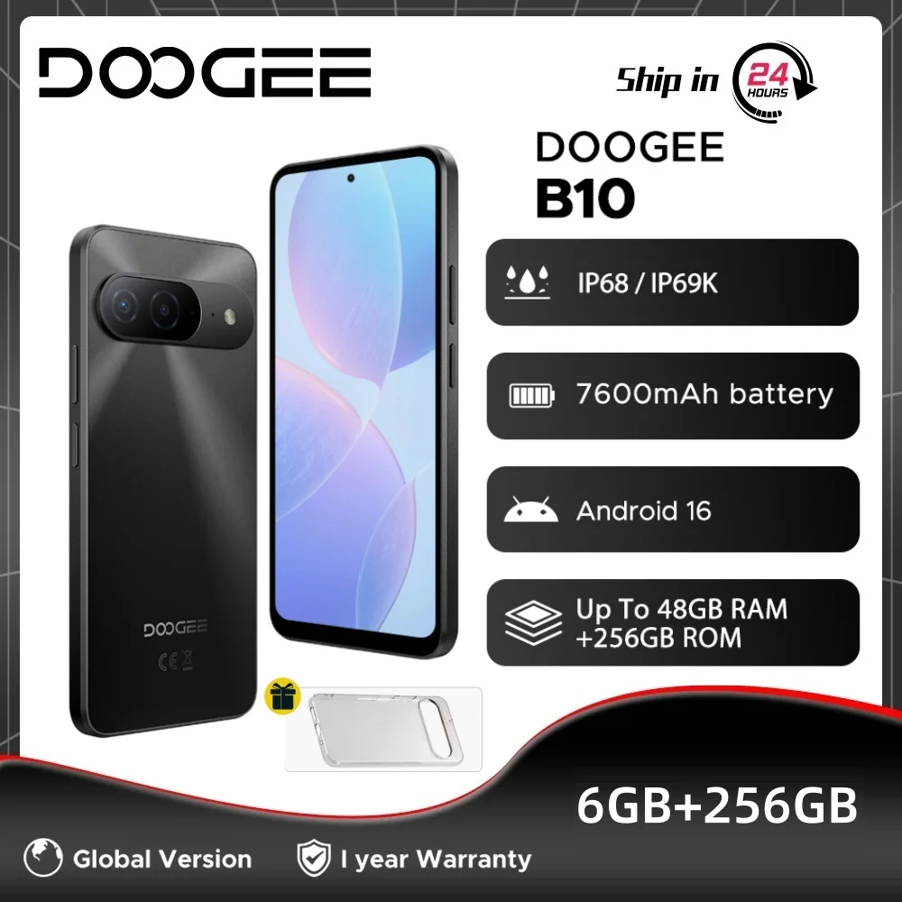 Global Version DOOGEE B10 Smartphone Android 16 48GB+256GB IP68 / IP69K Helio G100 7600mAh Large Battery 64MP Camera Cell Phone