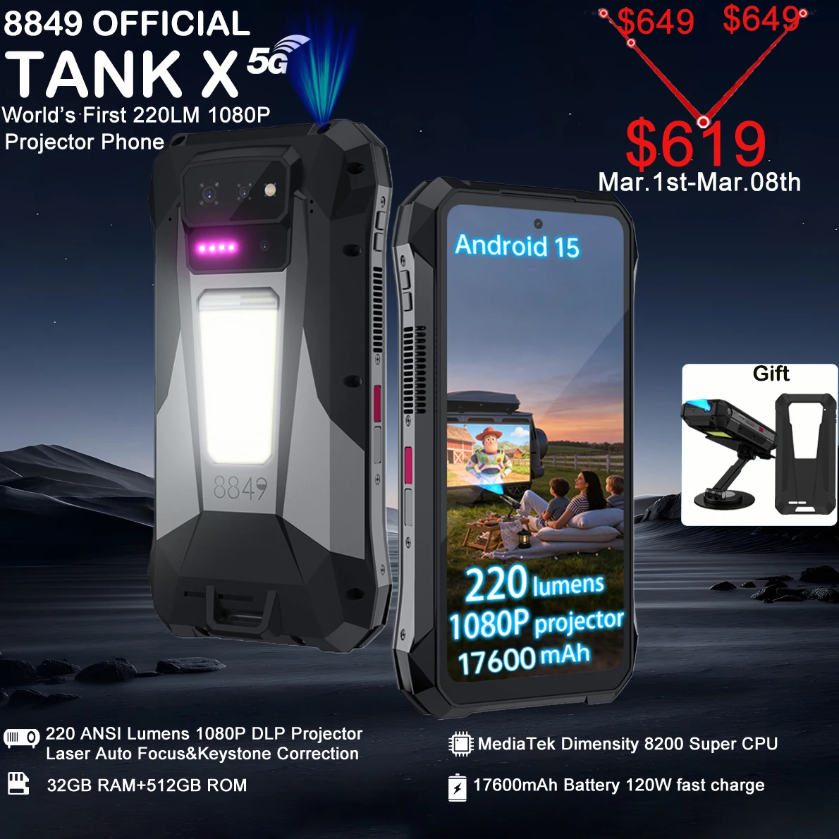 8849 Tank X Unihertz 220 Lumens Projector Rugged Smart Phone Support 1080P Android 15 17600mAh 32GB 512GB 5G Dimensity 8200