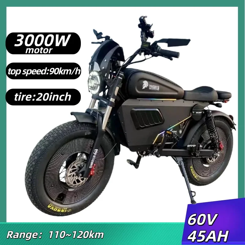 Black Warrior LED lights 3000W motor Motorcycle 60V45AH battery 90km/h Electric Bicycle 20 inch tire Off-road Electric Bike