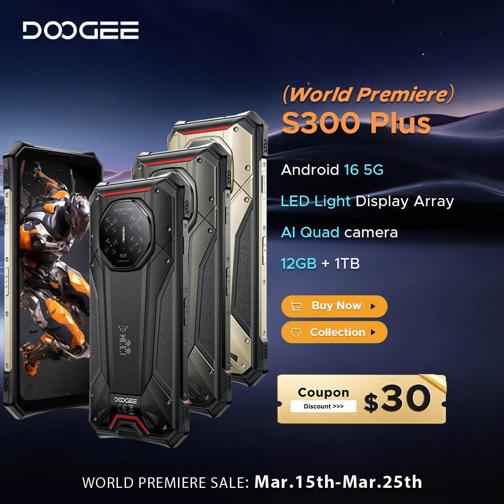 DOOGEE S300 Plus Rugged Phone 5G Android 16 Gemini AI LED Light Display Array 12GB 1TB 11000mAh 120W 6.78” Screen Smartphone