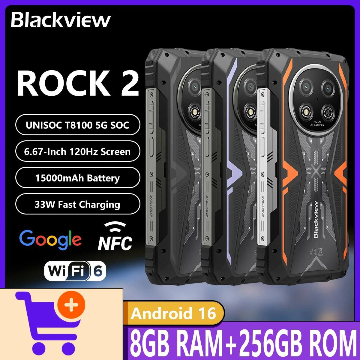 2025 NEW Blackview ROCK 2 AI Rugged Phone UNISOC T8100 5G 8GB+256GB 16MP Camera 6.67