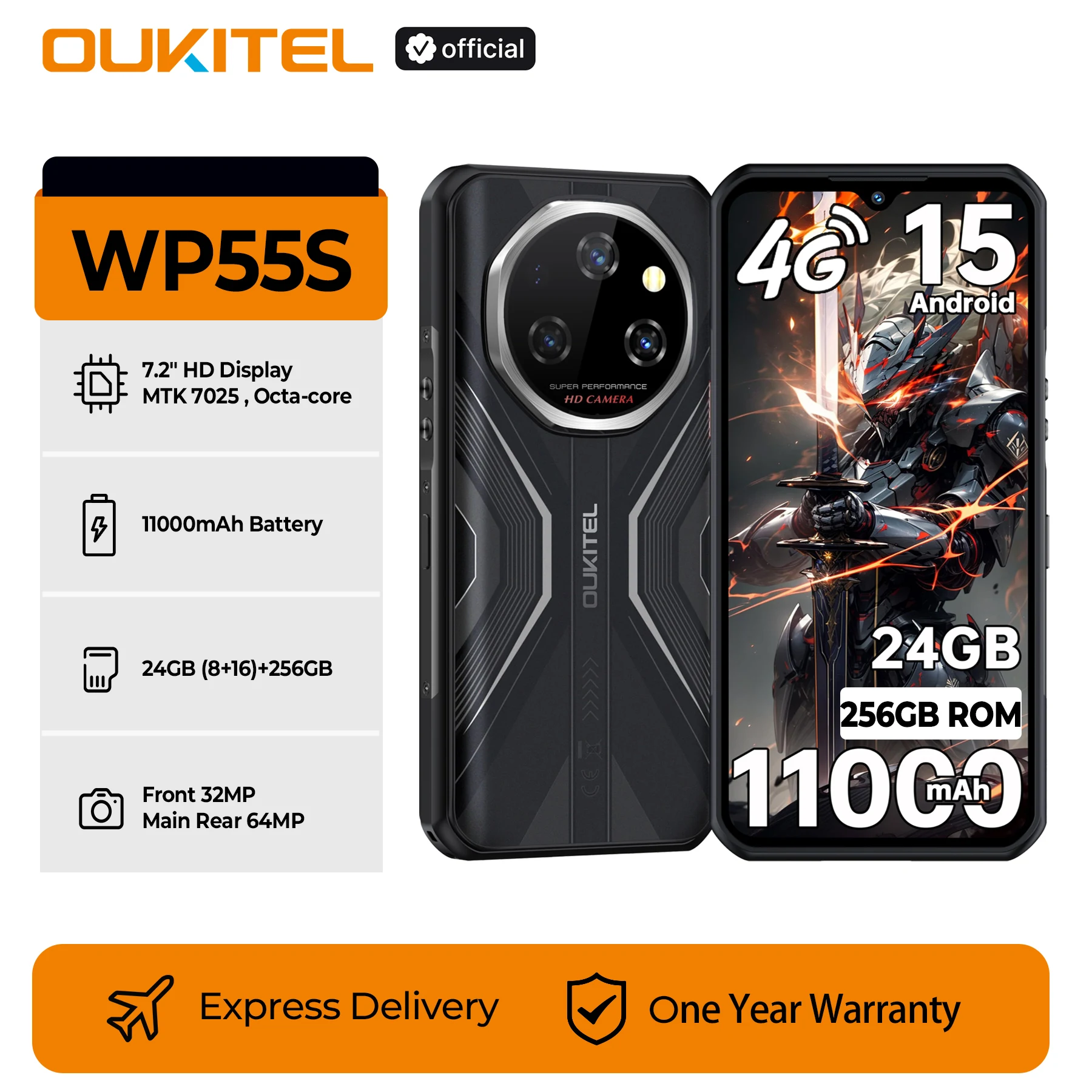 Oukitel WP55 S 4G Rugged Smartphone 11000mAh Android 15, 6.6” FHD+ 120Hz Cellphone 24GB(8+16)+256GB 64MP Camera NFC Fingerprint
