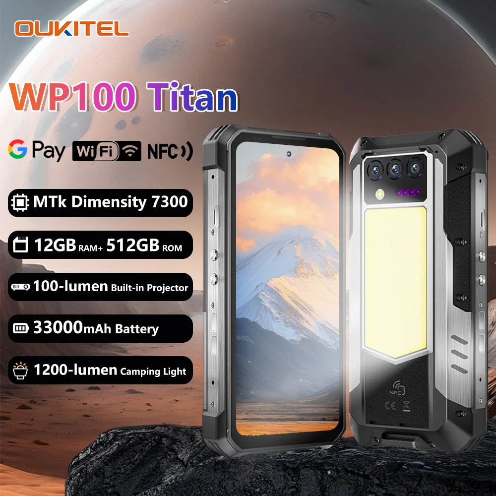 Oukitel WP100 Titan 5G Rugged Phone 12GB+512 GB 33000mAh 66W Charger 200MP Camera Built-in Projector Camping Light CellPhone