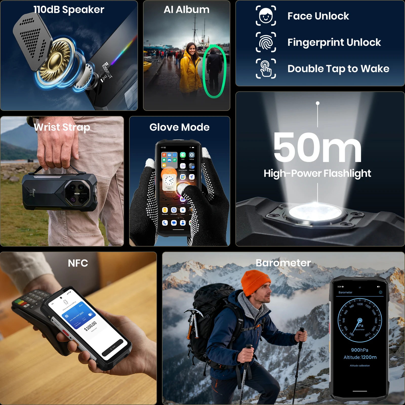 FOSSiBOT F113 Rugged NFC 36(12+24)GB+256GB Waterproof 20000mAh Battery Android 15 Camping Light 64MP 120Hz 5G Mobile Phone 33W